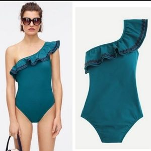 NWT J. Crew Teal One Shoulder Ruffle One Piece Swimsuit with Rickrack Size 8